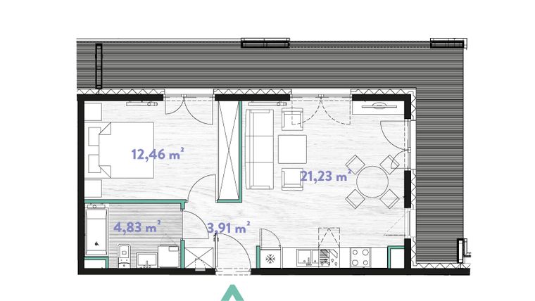 Rzut - Mieszkanie na sprzedaż 2 pokoje o powierzchni 42,74 m² - numer A.03.15 w Do Wilgi
