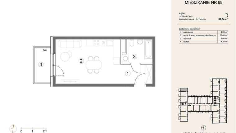 Rzut - Mieszkanie na sprzedaż 1 pokój o powierzchni 32,54 m² - numer 68 w Waterlane Vibe