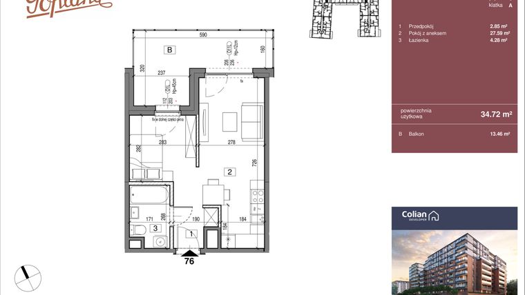 Rzut - Mieszkanie na sprzedaż 1 pokój o powierzchni 34,72 m² - numer G1/76 w Goplana budynek G