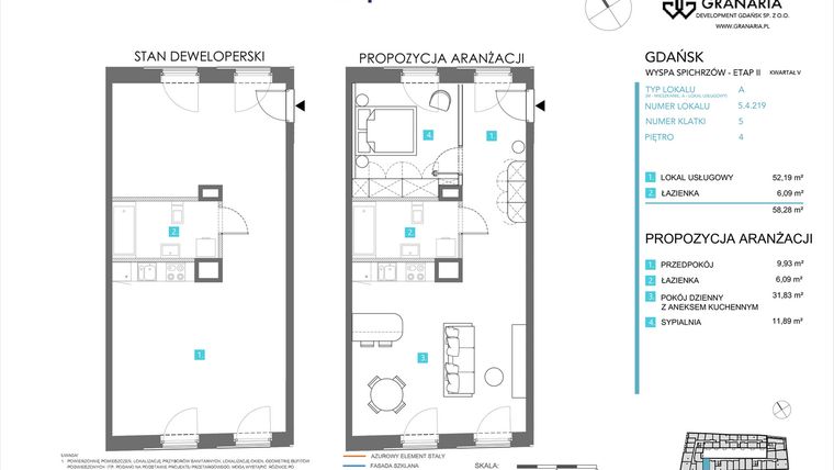 Rzut - Mieszkanie na sprzedaż 1 pokój o powierzchni 58,28 m² - numer 5.4.219 w Granaria