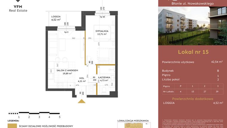 Rzut - Mieszkanie na sprzedaż 2 pokoje o powierzchni 42,54 m² - numer 15 w Stacja Błonie etap II