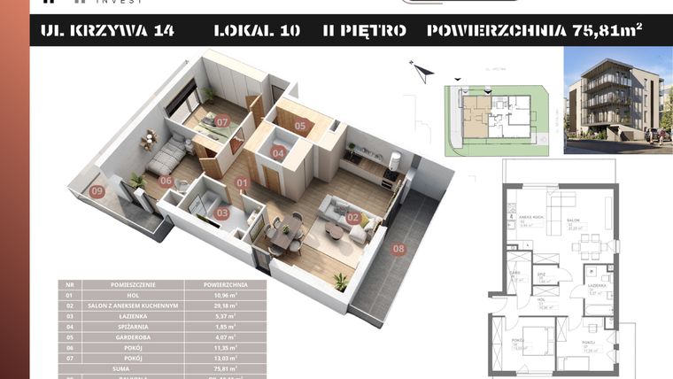 Rzut - Mieszkanie na sprzedaż 3 pokoje o powierzchni 75,81 m² - numer M10 w Stacja Krzywa