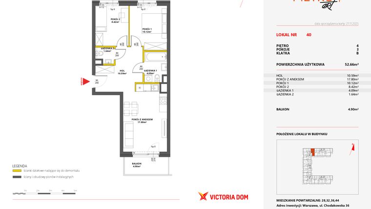 Rzut - Mieszkanie na sprzedaż 3 pokoje o powierzchni 52,66 m² - numer 40 w Metro Art 7