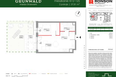 Rzut - Mieszkanie na sprzedaż 2 pokoje o powierzchni 37,81 m² - numer D125 w Grunwald Między Drzewami etap III