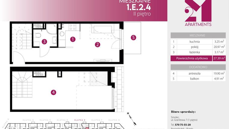 Rzut - Mieszkanie na sprzedaż 2 pokoje o powierzchni 47,29 m² - numer 1.E.2.4 w 2M Apartments etap IV