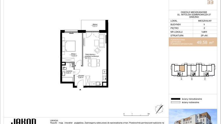 Rzut - Mieszkanie na sprzedaż 2 pokoje o powierzchni 49,58 m² - numer 1.A11 w Gombrowicza 33