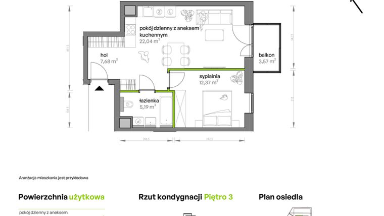 Rzut - Mieszkanie na sprzedaż 2 pokoje o powierzchni 48,35 m² - numer AA0309 w Ptasia Vita