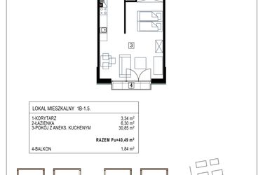 Rzut - Mieszkanie na sprzedaż 1 pokój o powierzchni 40,49 m² - numer 1B-1.5 w Gardenia Pogodno