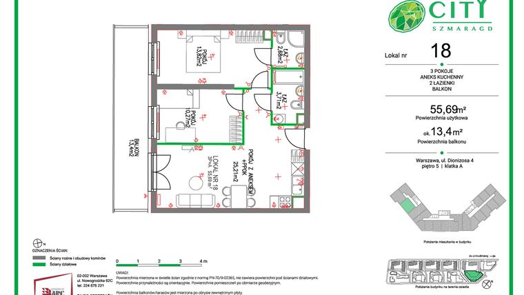 Rzut - Mieszkanie na sprzedaż 3 pokoje o powierzchni 55,69 m² - numer 18 w Comfort City Szmaragd