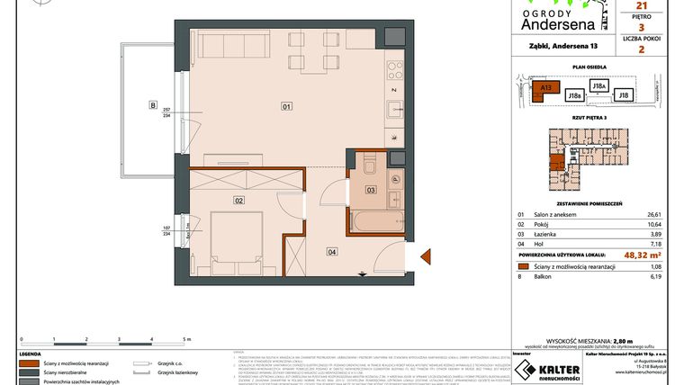 Rzut - Mieszkanie na sprzedaż 2 pokoje o powierzchni 48,32 m² - numer 21A w Ogrody Andersena