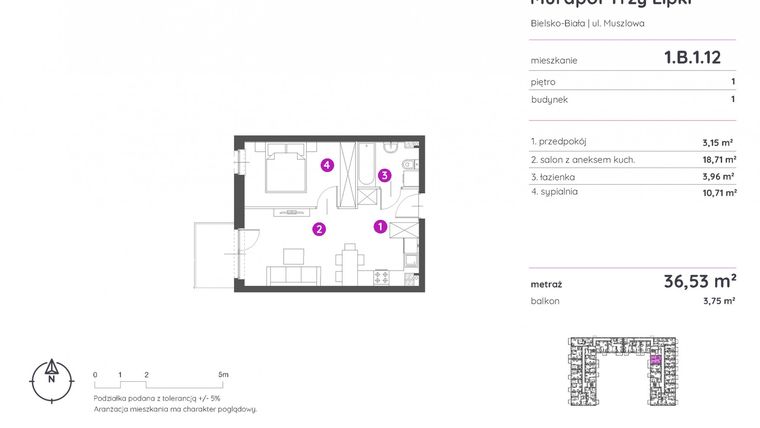 Rzut - Mieszkanie na sprzedaż 2 pokoje o powierzchni 36,53 m² - numer 1.B.1.12 w Murapol Trzy Lipki