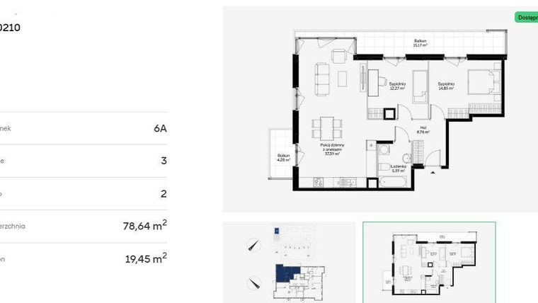 Rzut - Mieszkanie na sprzedaż 3 pokoje o powierzchni 78,64 m² - numer 6A0210 w Jaśminowy Mokotów etap VI