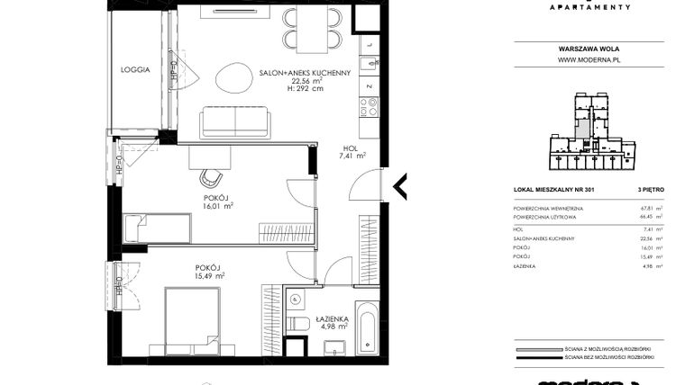 Rzut - Mieszkanie na sprzedaż 3 pokoje o powierzchni 66,45 m² - numer 301 w Chronos