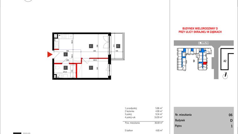 Rzut - Mieszkanie na sprzedaż 2 pokoje o powierzchni 36,69 m² - numer D.6 w Skrajna 9 bud. D