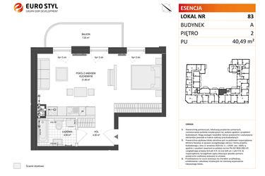 Rzut - Mieszkanie na sprzedaż 1 pokój o powierzchni 40,49 m² - numer A.83 w Esencja