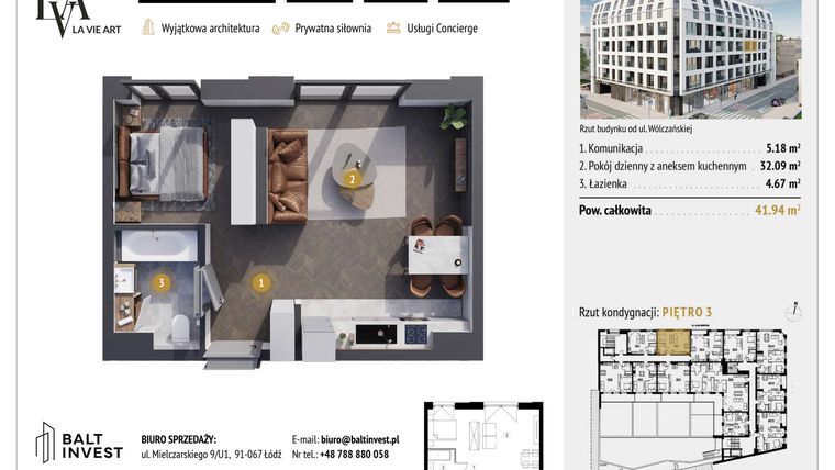 Rzut - Mieszkanie na sprzedaż 1 pokój o powierzchni 41,94 m² - numer M3.2 w La Vie Art