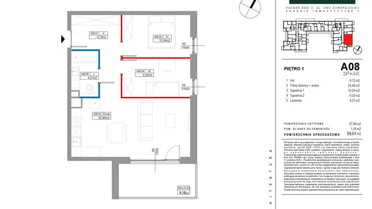 Rzut - Mieszkanie na sprzedaż 3 pokoje o powierzchni 57,96 m² - numer A008 w Grunwald Między Drzewami etap II