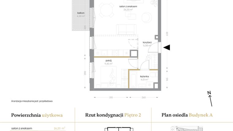 Rzut - Mieszkanie na sprzedaż 2 pokoje o powierzchni 45,04 m² - numer A/22 w Królowej Jadwigi