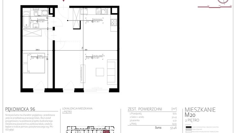 Rzut - Mieszkanie na sprzedaż 2 pokoje o powierzchni 57,46 m² - numer 20 w Pękowicka 96