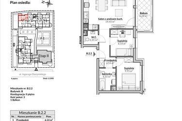 Rzut - Mieszkanie na sprzedaż 3 pokoje o powierzchni 50,53 m² - numer B.2.2 w Nowa Fregata