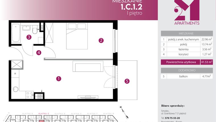 Rzut - Mieszkanie na sprzedaż 2 pokoje o powierzchni 41,53 m² - numer 1.C.1.2 w Maślice Wrocław Milo Dobry Deweloper etap IV
