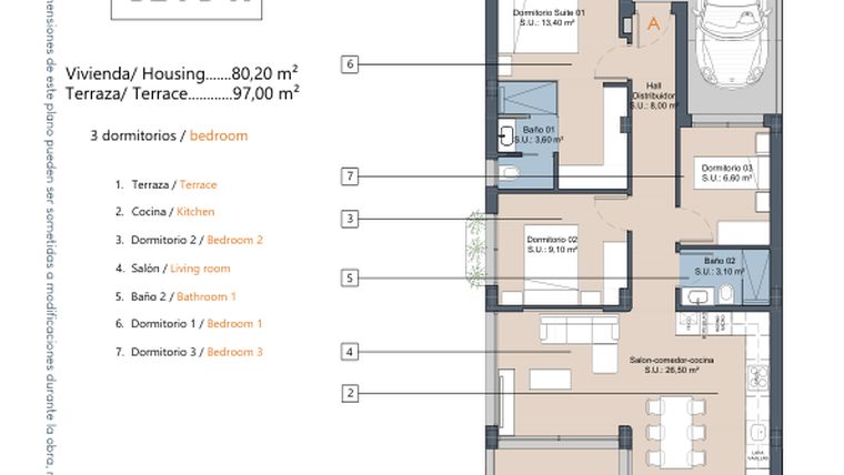 Rzut - Mieszkanie na sprzedaż 3 pokoje o powierzchni 80,2 m² - numer 2.0.A w LA Sunrise - Los Alcázares