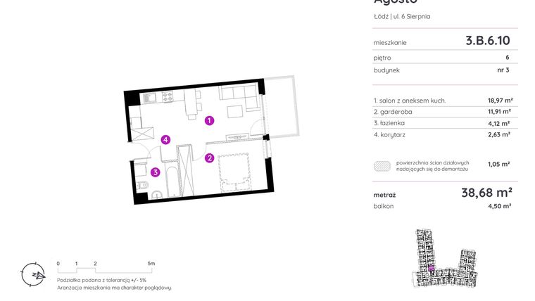 Rzut - Mieszkanie na sprzedaż 1 pokój o powierzchni 38,68 m² - numer 3.B.6.10 w Murapol Agosto