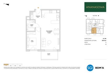 Rzut - Mieszkanie na sprzedaż 2 pokoje o powierzchni 53,91 m² - numer A.1.04 w Ananasowa