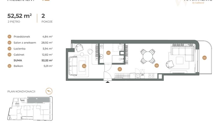Rzut - Mieszkanie na sprzedaż 2 pokoje o powierzchni 52,52 m² - numer 12 w Witkiewicza Apartments