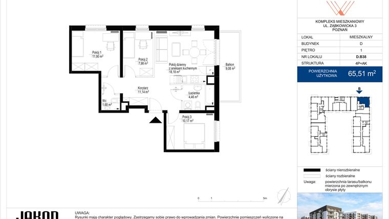 Rzut - Mieszkanie na sprzedaż 4 pokoje o powierzchni 65,51 m² - numer D.B38 w Wieruszowska D