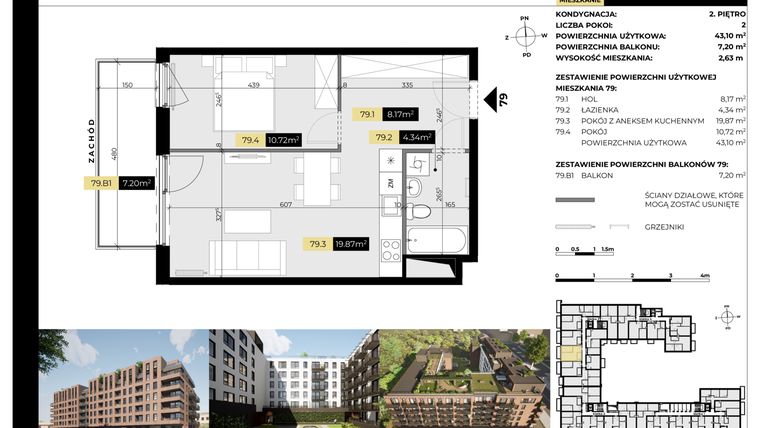 Rzut - Mieszkanie na sprzedaż 2 pokoje o powierzchni 43,1 m² - numer M/79 w Tarasy Śląskie