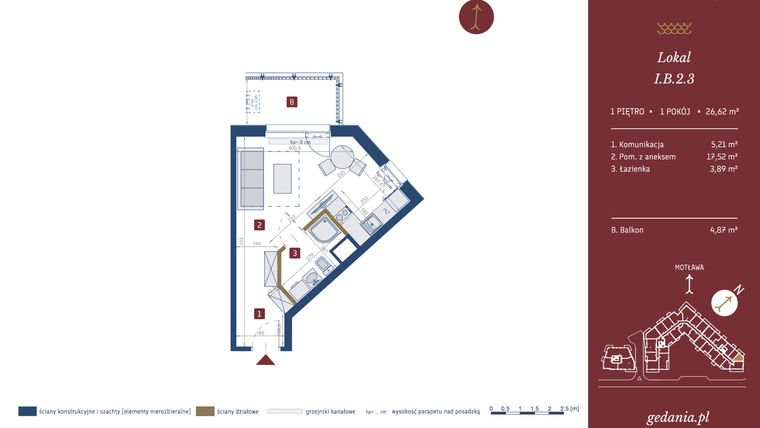 Rzut - Mieszkanie na sprzedaż 1 pokój o powierzchni 26,62 m² - numer I.B.2.3 w GEDANIA Riverside Living - apartamenty inwestycyjne