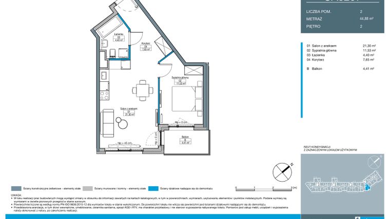 Rzut - Mieszkanie na sprzedaż 2 pokoje o powierzchni 44,88 m² - numer CA0207 w Talarowa Park