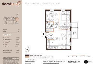 Rzut - Mieszkanie na sprzedaż 3 pokoje o powierzchni 52,5 m² - numer D4 w Domkove Widzew
