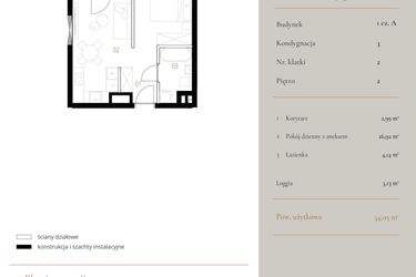 Rzut - Mieszkanie na sprzedaż 1 pokój o powierzchni 34,05 m² - numer M057 w MURANO
