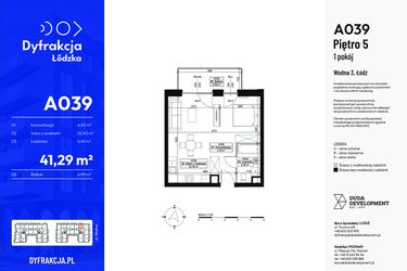 Rzut - Mieszkanie na sprzedaż 1 pokój o powierzchni 41,29 m² - numer A039 w Dyfrakcja Łódzka
