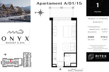 Rzut - Mieszkanie na sprzedaż 1 pokój o powierzchni 27,66 m² - numer NR 01.A15 w Onyx Resort & Spa