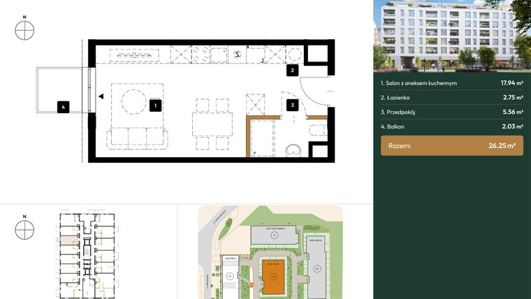 Rzut - Mieszkanie na sprzedaż 1 pokój o powierzchni 26,25 m² - numer 2.M5.07 w Wierzbowa 20