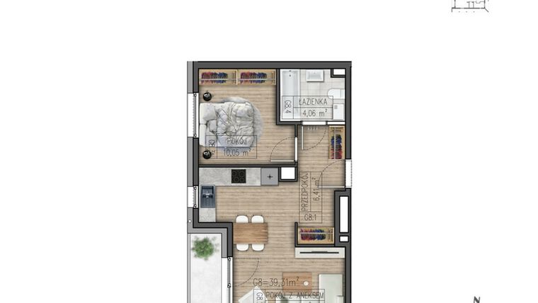 Rzut - Mieszkanie na sprzedaż 2 pokoje o powierzchni 39,31 m² - numer G8 w Osiedle Parkowe