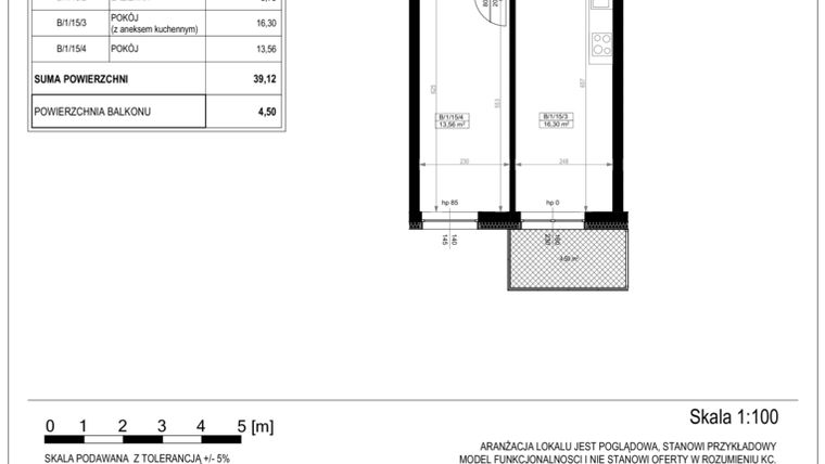 Rzut - Mieszkanie na sprzedaż 2 pokoje o powierzchni 39,12 m² - numer B-1-15 w Zamieszkaj na Rudawskiej 5