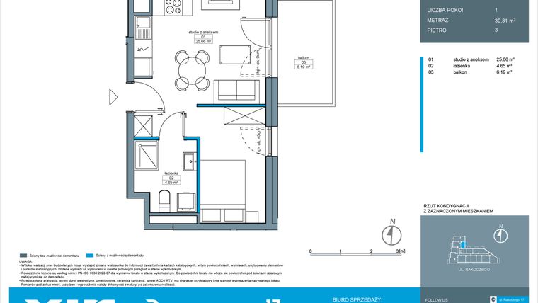 Rzut - Mieszkanie na sprzedaż 1 pokój o powierzchni 30,38 m² - numer A.3.13 w Rakoczego 17