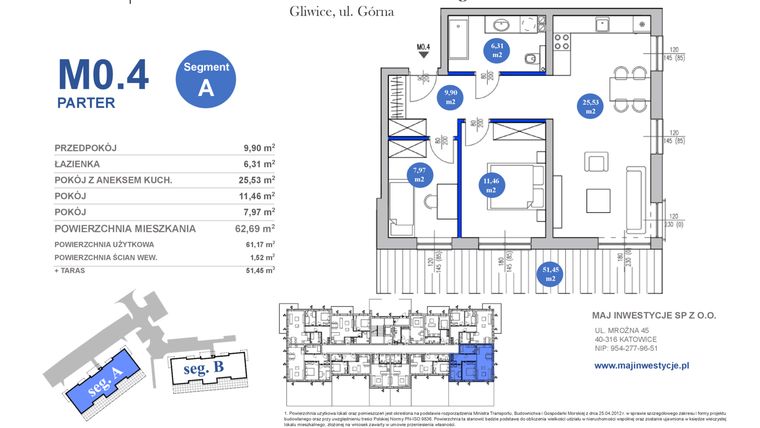 Rzut - Mieszkanie na sprzedaż 3 pokoje o powierzchni 61,17 m² - numer M0.4 w Osiedle Majowe 2.0 etap II