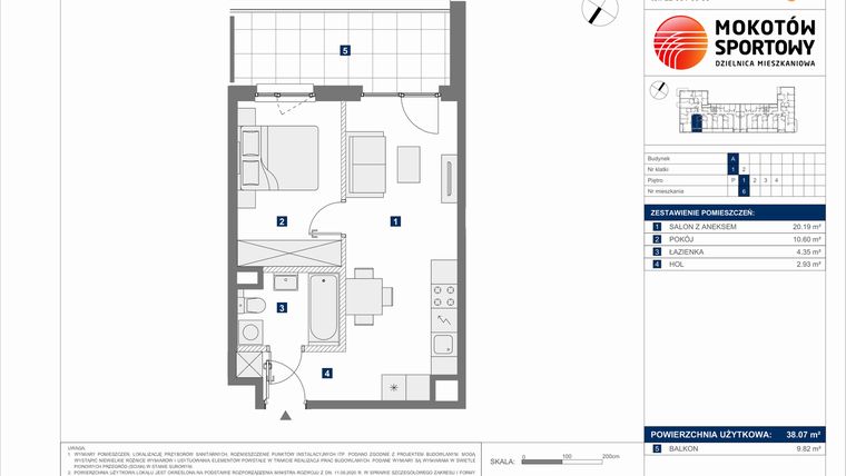 Rzut - Mieszkanie na sprzedaż 2 pokoje o powierzchni 38,07 m² - numer A.6 w Mokotów Sportowy 3.1