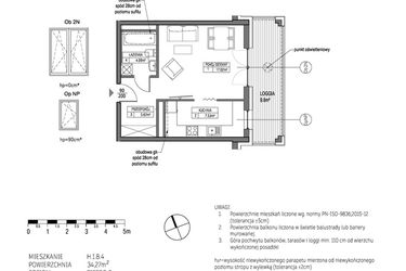 Rzut - Mieszkanie na sprzedaż 1 pokój o powierzchni 34,27 m² - numer H.1.8.4 w City Park bud. G i H