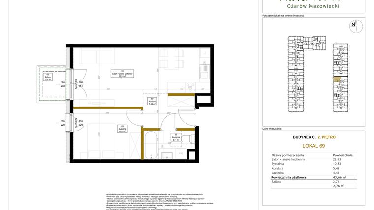 Rzut - Mieszkanie na sprzedaż 2 pokoje o powierzchni 43,66 m² - numer 69 w Aura Nova etap II