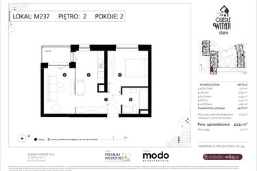 Rzut - Mieszkanie na sprzedaż 2 pokoje o powierzchni 43,11 m² - numer M237 w Osiedle Witaj etap II