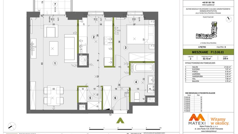 Rzut - Mieszkanie na sprzedaż 2 pokoje o powierzchni 53,05 m² - numer F1.D.06.03 w XYZ Place