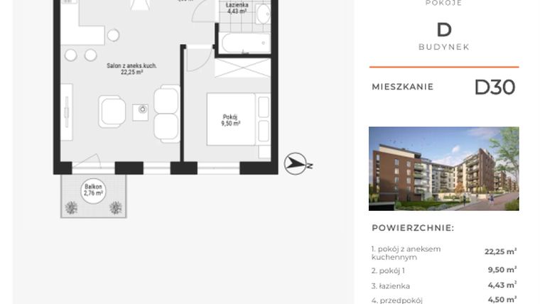 Rzut - Mieszkanie na sprzedaż 2 pokoje o powierzchni 40,68 m² - numer D30 w Na Koszutce II