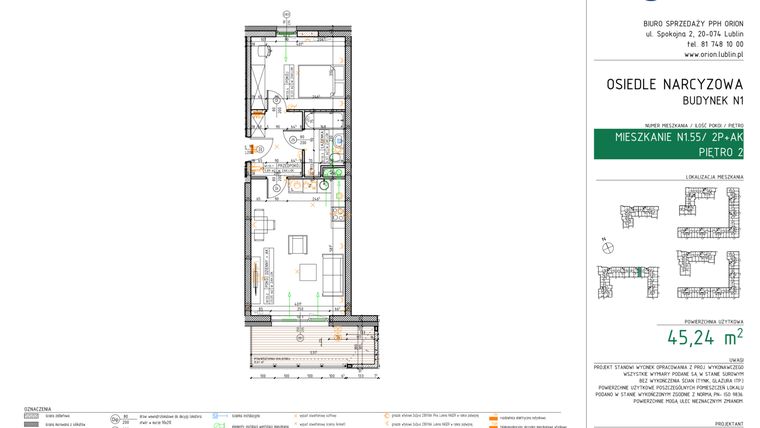 Rzut - Mieszkanie na sprzedaż 2 pokoje o powierzchni 45,24 m² - numer N1.55 w Osiedle Narcyzowe etap 2