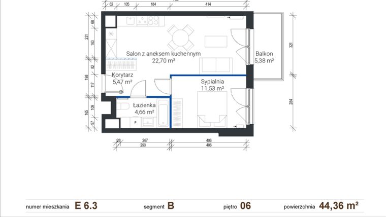 Rzut - Mieszkanie na sprzedaż 2 pokoje o powierzchni 44,36 m² - numer E 6.3 w Nowe Zabłocie